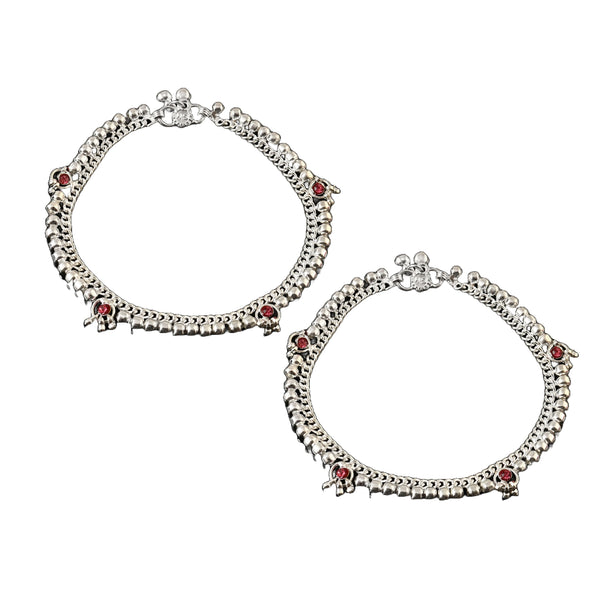 Silver-Plated Stone-Studded Layered Ghungroo Anklets