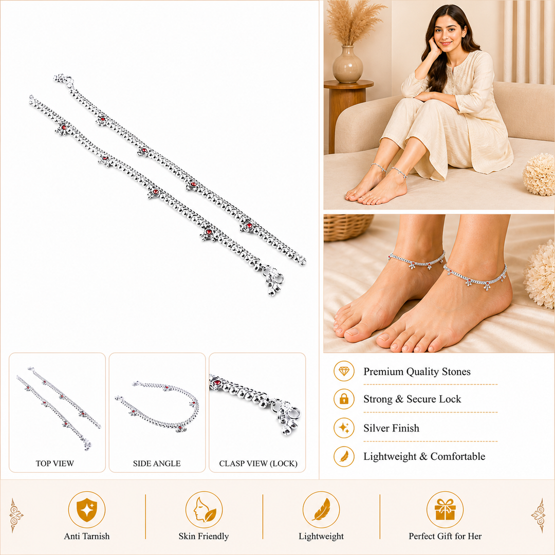 Silver-Plated Stone-Studded Layered Ghungroo Anklets