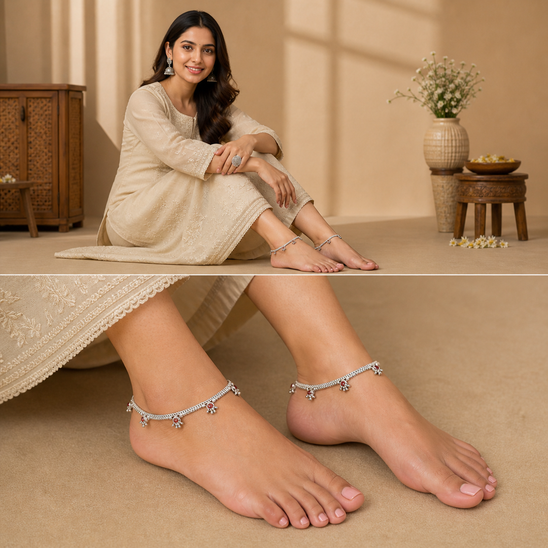 Silver-Plated Stone-Studded Layered Ghungroo Anklets