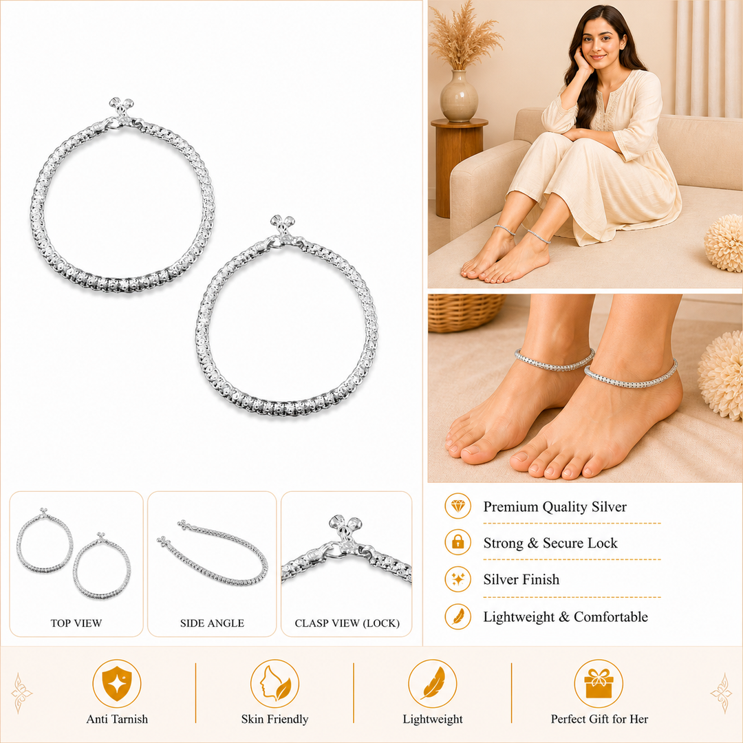 Silver-Plated Intricate Textured Ghungroo Anklets