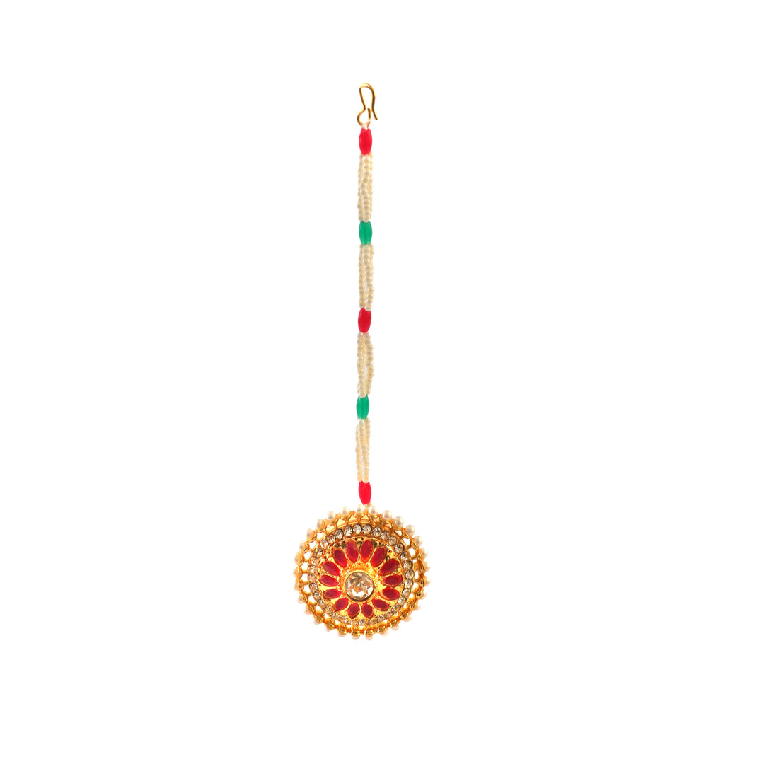 Gold Plated Floral Bracelet with Red Stones & Pearl Beads Adjustable Design