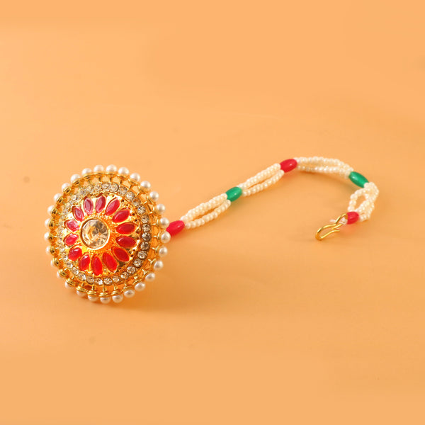Gold Plated Floral Bracelet with Red Stones & Pearl Beads Adjustable Design