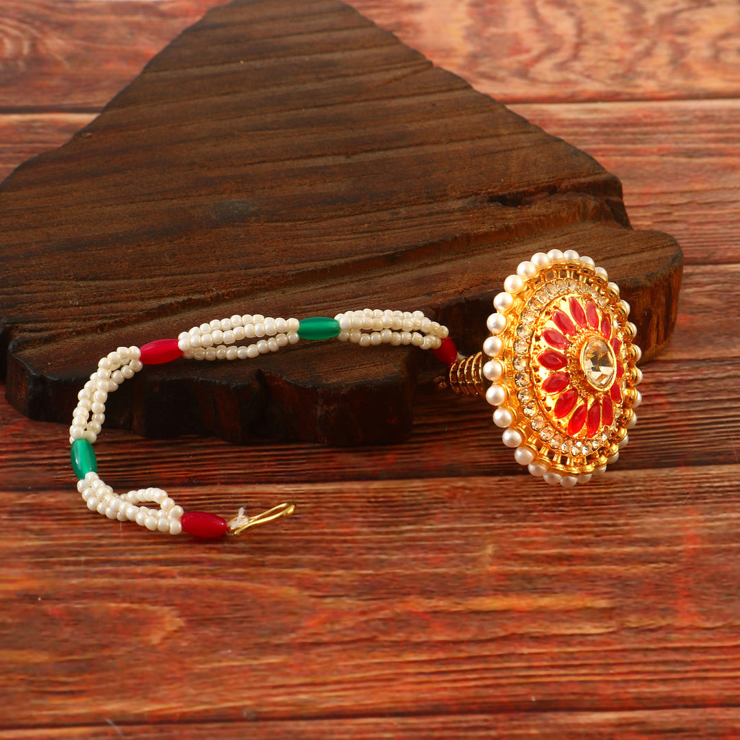 Gold Plated Floral Bracelet with Red Stones & Pearl Beads Adjustable Design