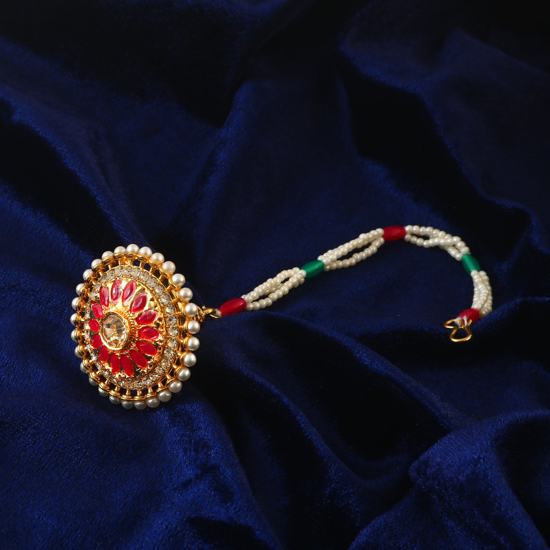 Gold Plated Floral Bracelet with Red Stones & Pearl Beads Adjustable Design