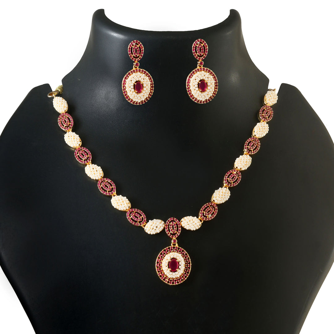 Gold-Plated Red Stone & Pearl Studded Jewellery Set