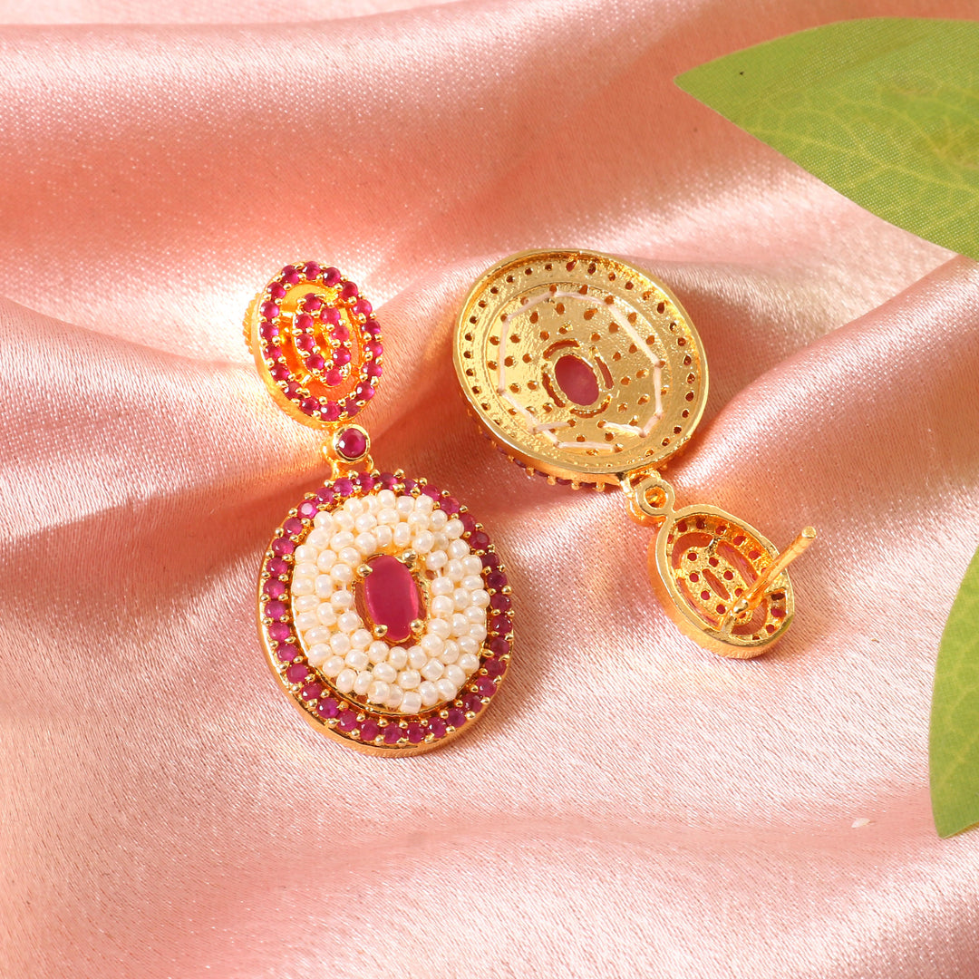 Gold-Plated Red Stone & Pearl Studded Jewellery Set