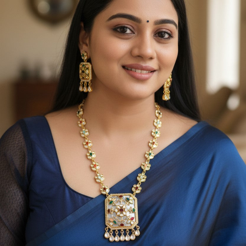 Silver-Plated Kundan & Mother Pearl Stone-Studded Jewellery Set