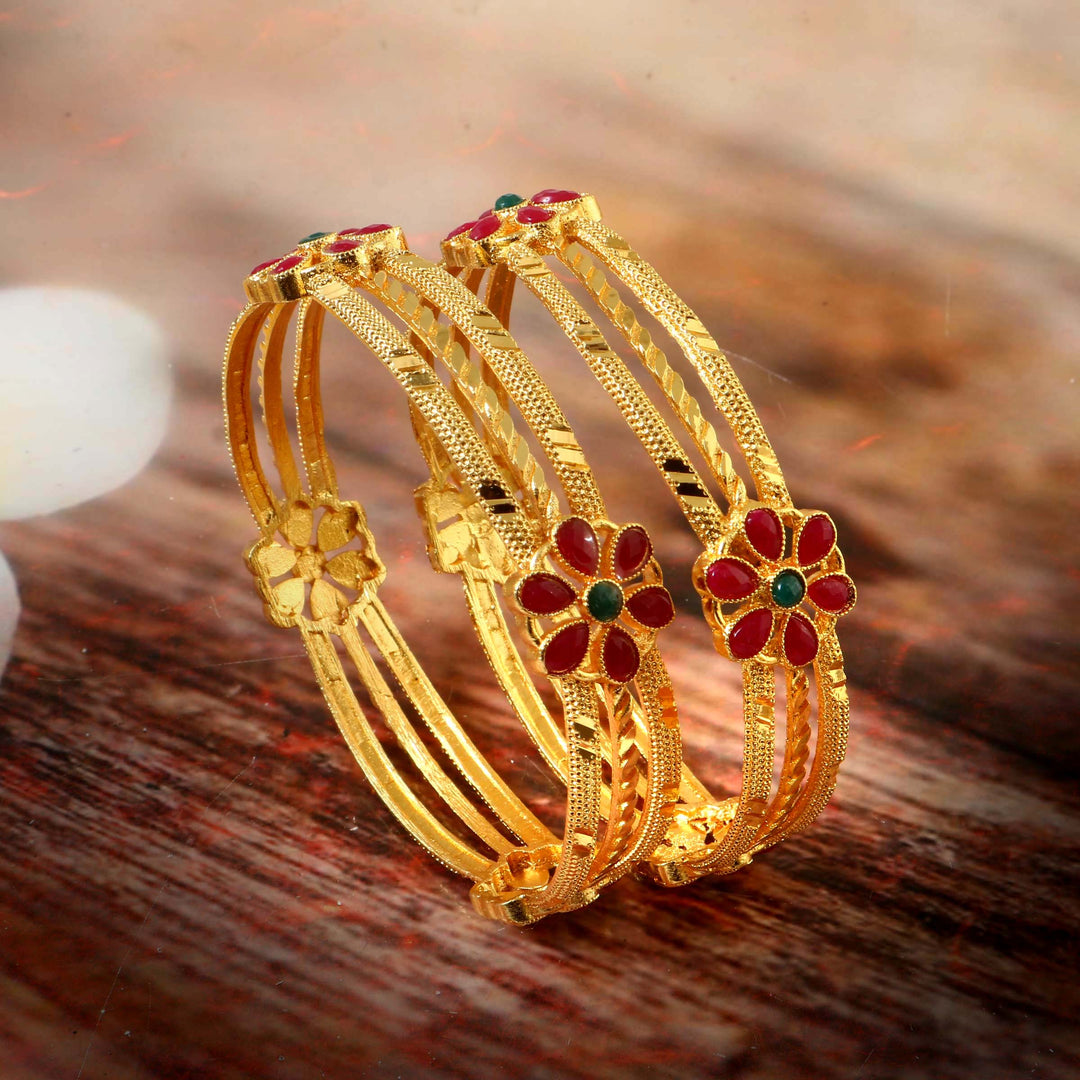 Set of 2 Gold-Plated Stone Studded & Beaded Bangles