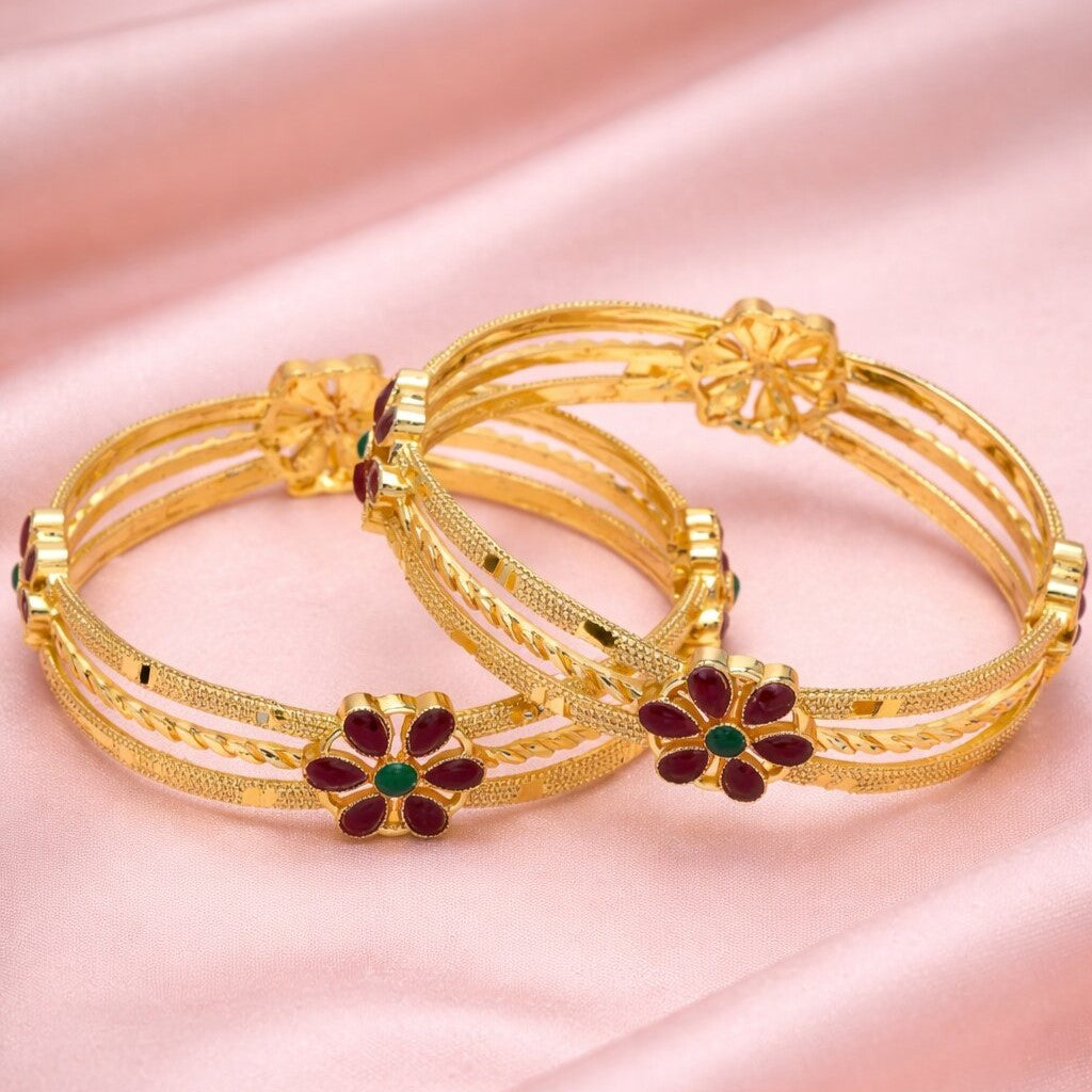 Set of 2 Gold-Plated Stone Studded & Beaded Bangles