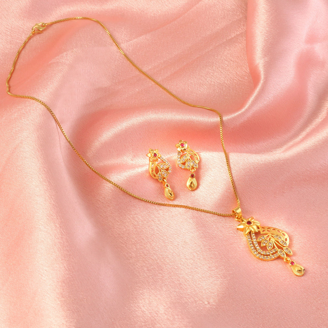Gold-Plated American - Diamond Studded Pendant Necklace Set with Earrings
