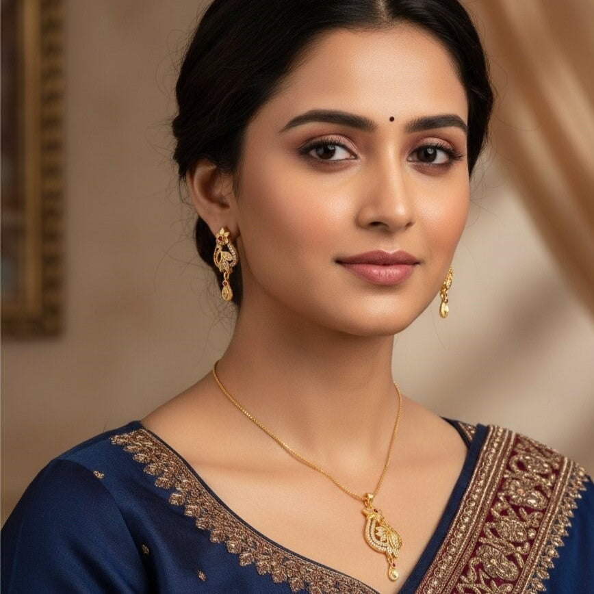 Gold-Plated American - Diamond Studded Pendant Necklace Set with Earrings