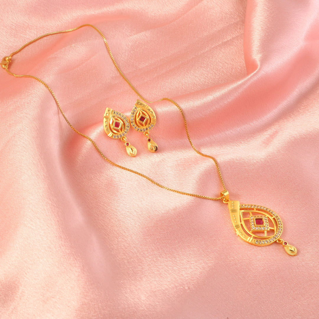 Gold-Plated American - Diamond Studded Pendant Necklace Set with Earrings