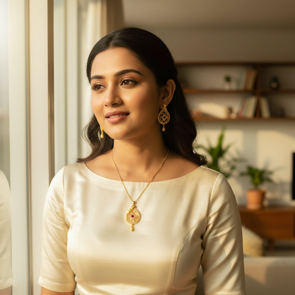 Gold-Plated American - Diamond Studded Pendant Necklace Set with Earrings