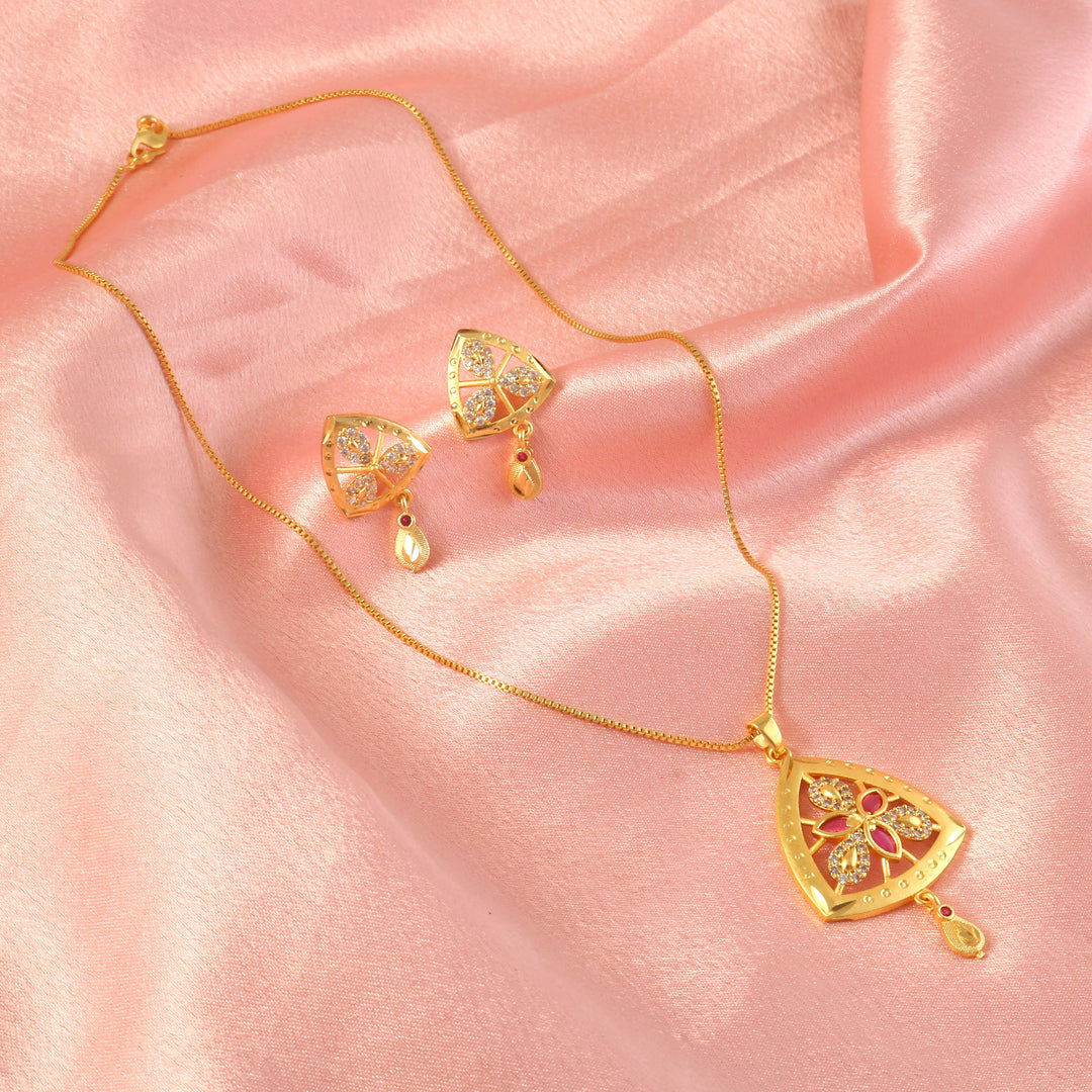 Gold-Plated American - Diamond Studded Pendant Necklace Set with Earrings