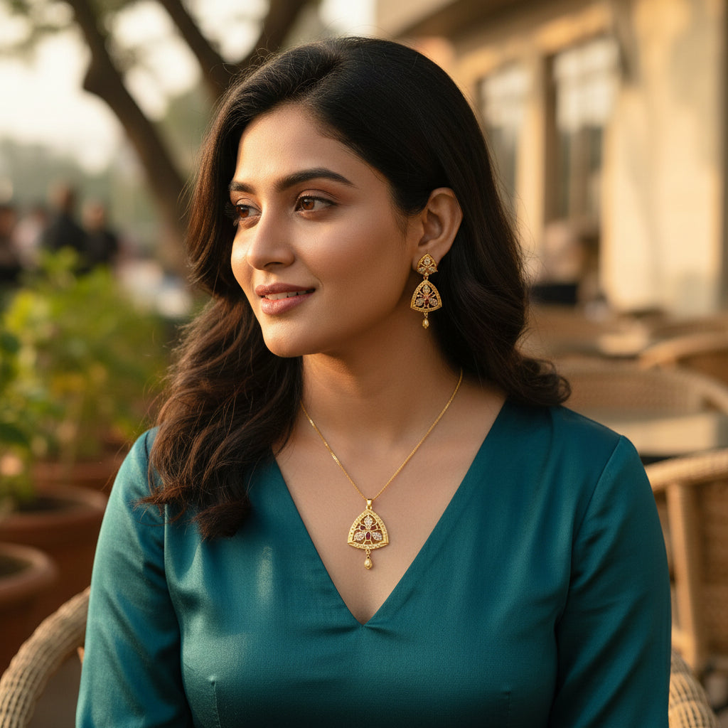 Gold-Plated American - Diamond Studded Pendant Necklace Set with Earrings