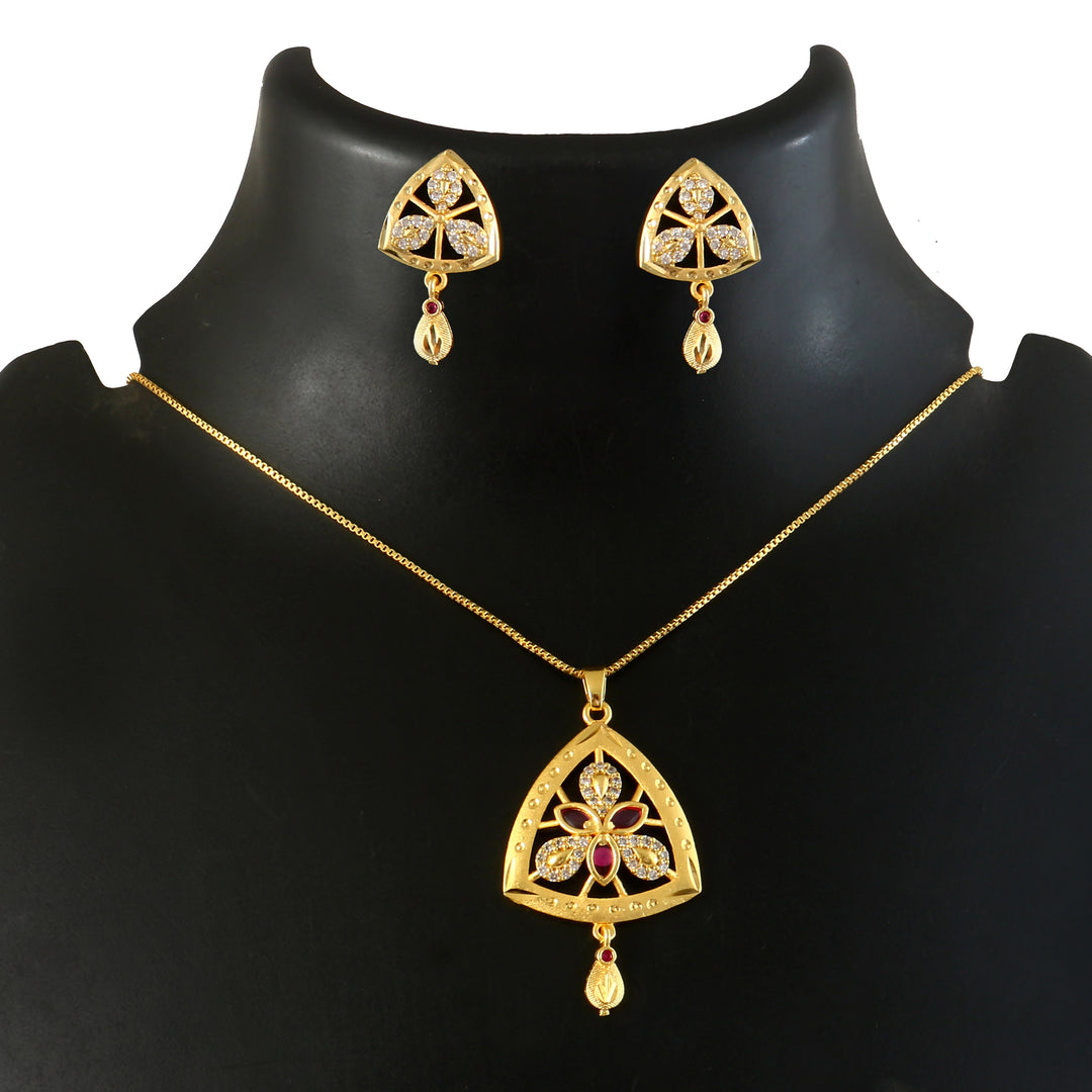 Gold-Plated American - Diamond Studded Pendant Necklace Set with Earrings