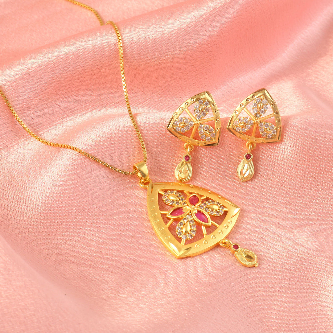 Gold-Plated American - Diamond Studded Pendant Necklace Set with Earrings
