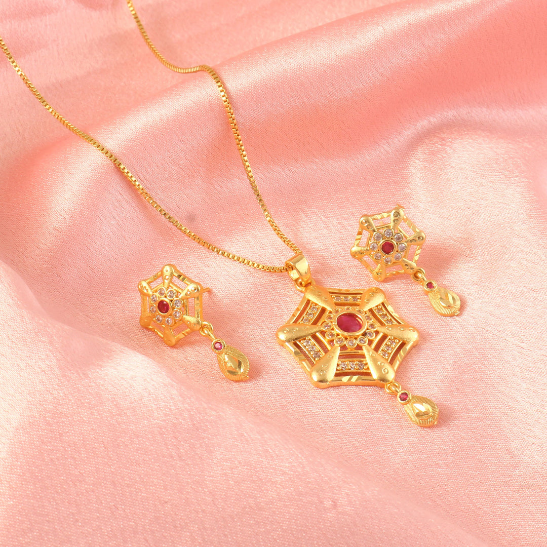 Gold-Plated American - Diamond Studded Pendant Necklace Set with Earrings