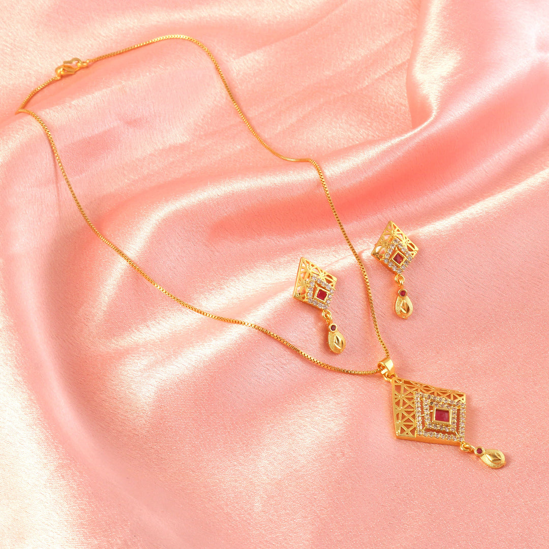 Gold-Plated American - Diamond Studded Pendant Necklace Set with Earrings