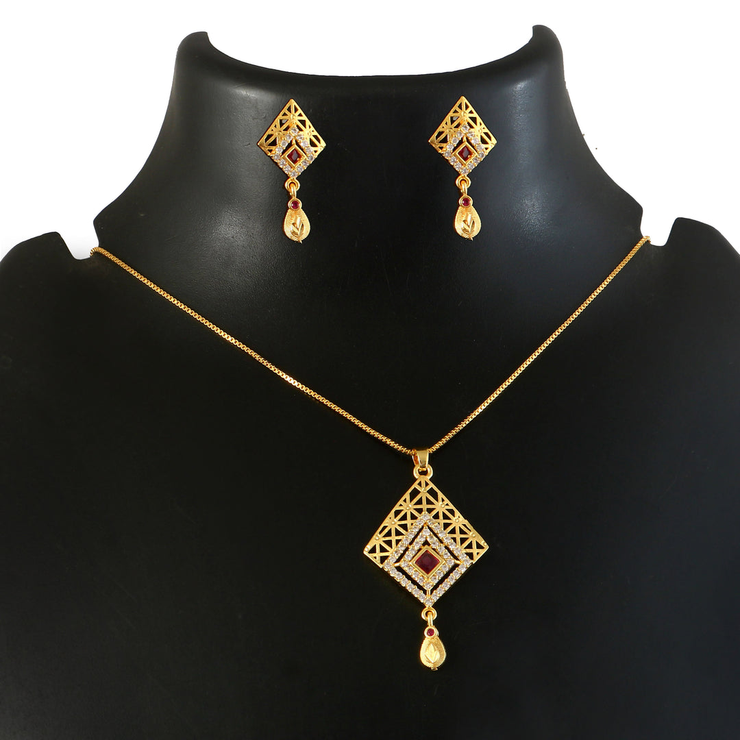 Gold-Plated American - Diamond Studded Pendant Necklace Set with Earrings