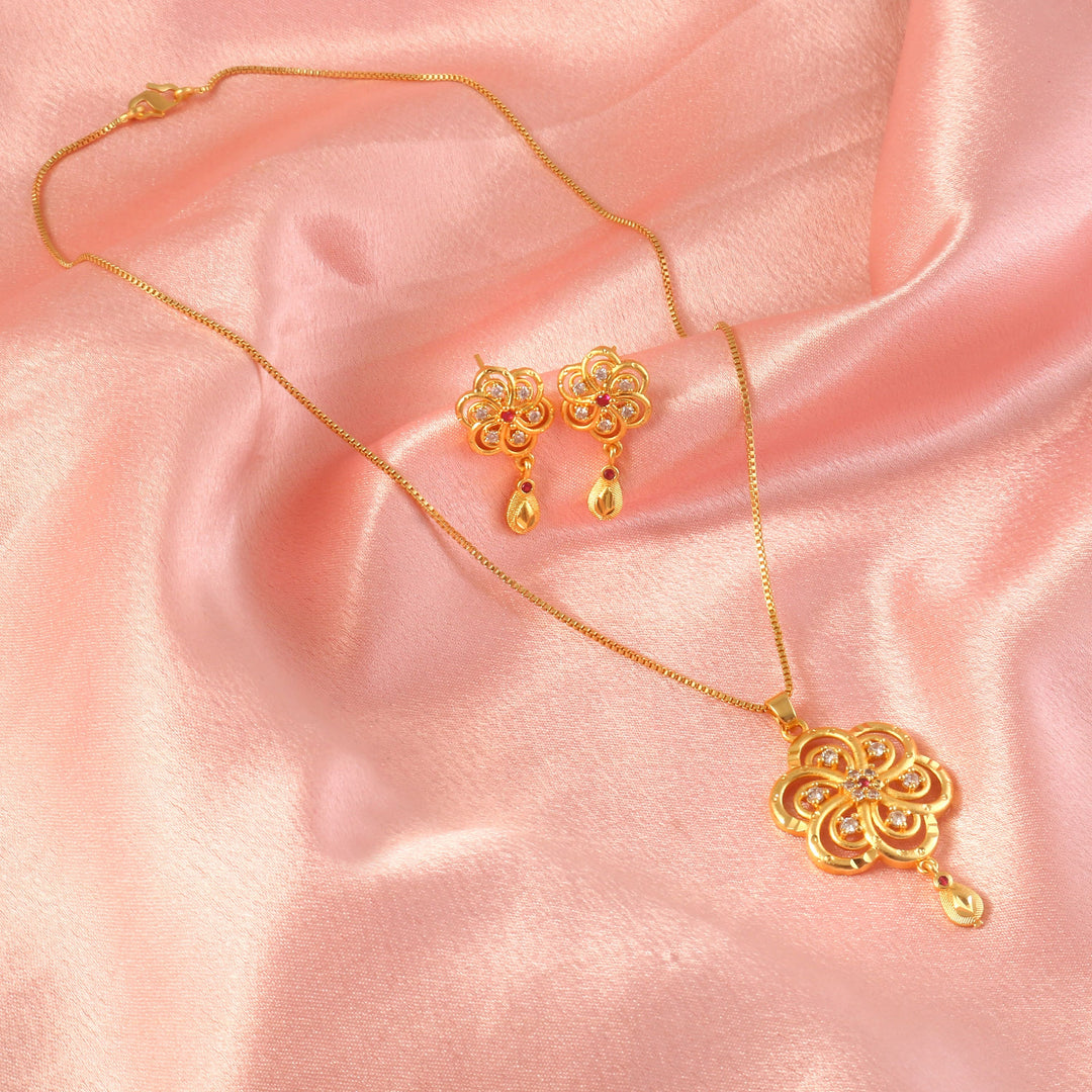 Gold-Plated American - Diamond Studded Pendant Necklace Set with Earrings