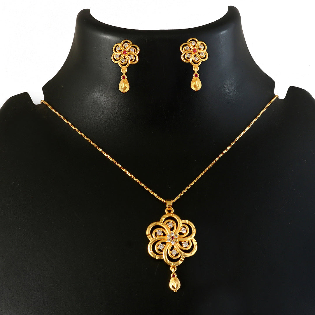 Gold-Plated American - Diamond Studded Pendant Necklace Set with Earrings