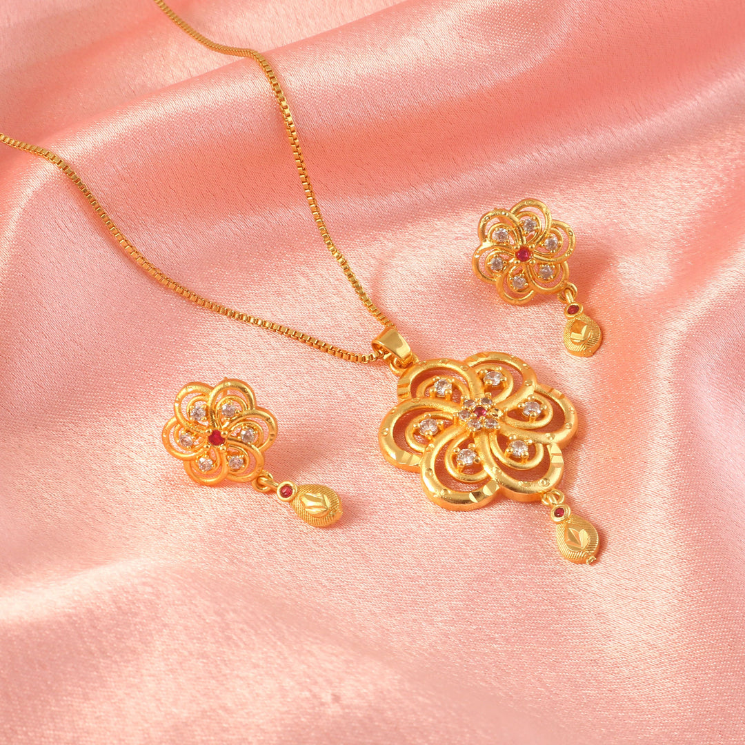 Gold-Plated American - Diamond Studded Pendant Necklace Set with Earrings