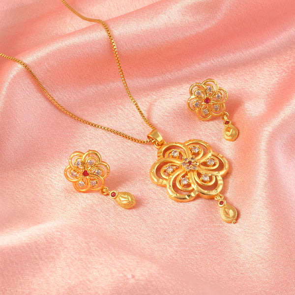 Gold-Plated American - Diamond Studded Pendant Necklace Set with Earrings