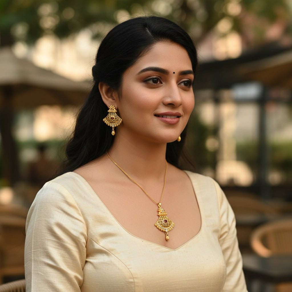 Gold-Plated American - Diamond Studded Pendant Necklace Set with Earrings