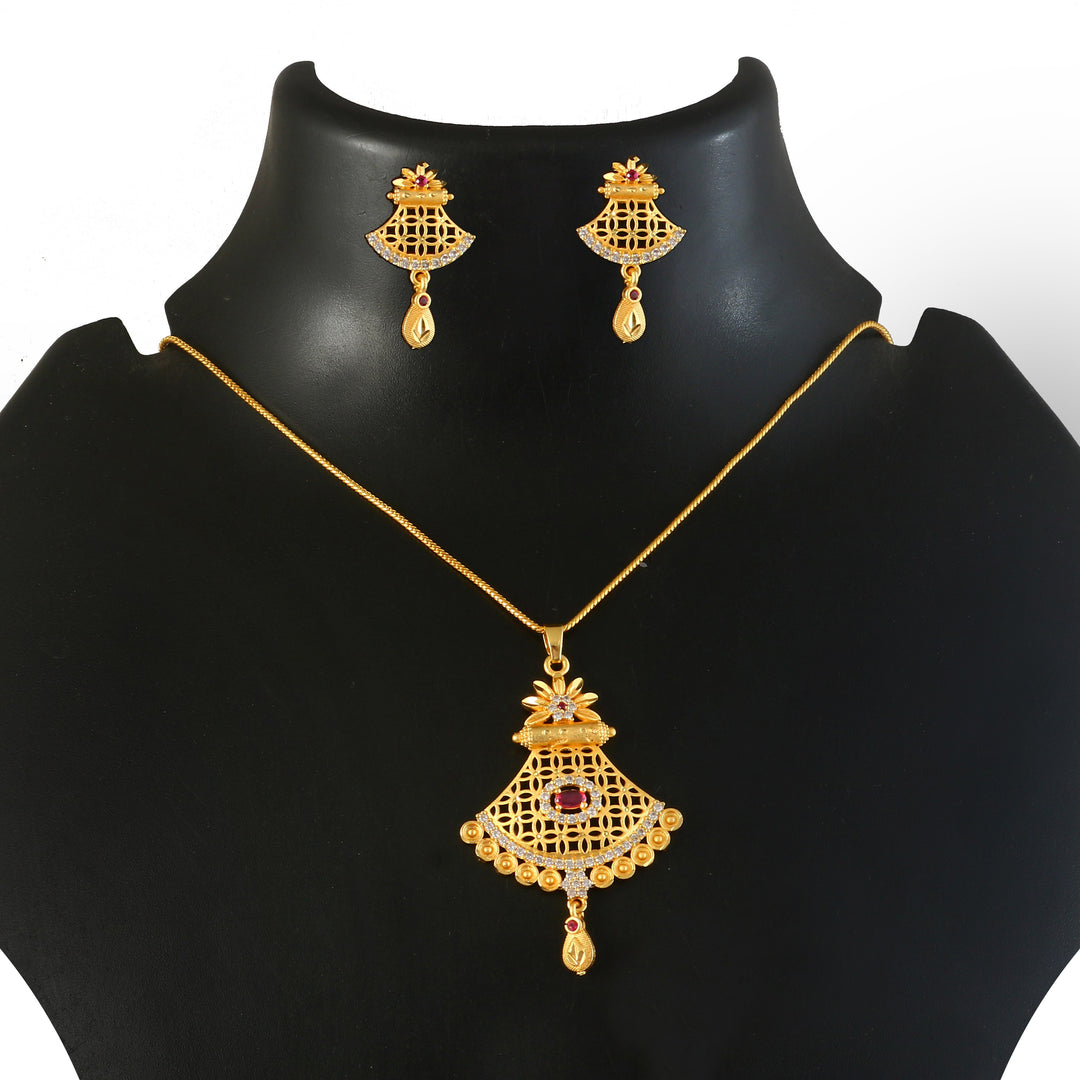 Gold-Plated American - Diamond Studded Pendant Necklace Set with Earrings