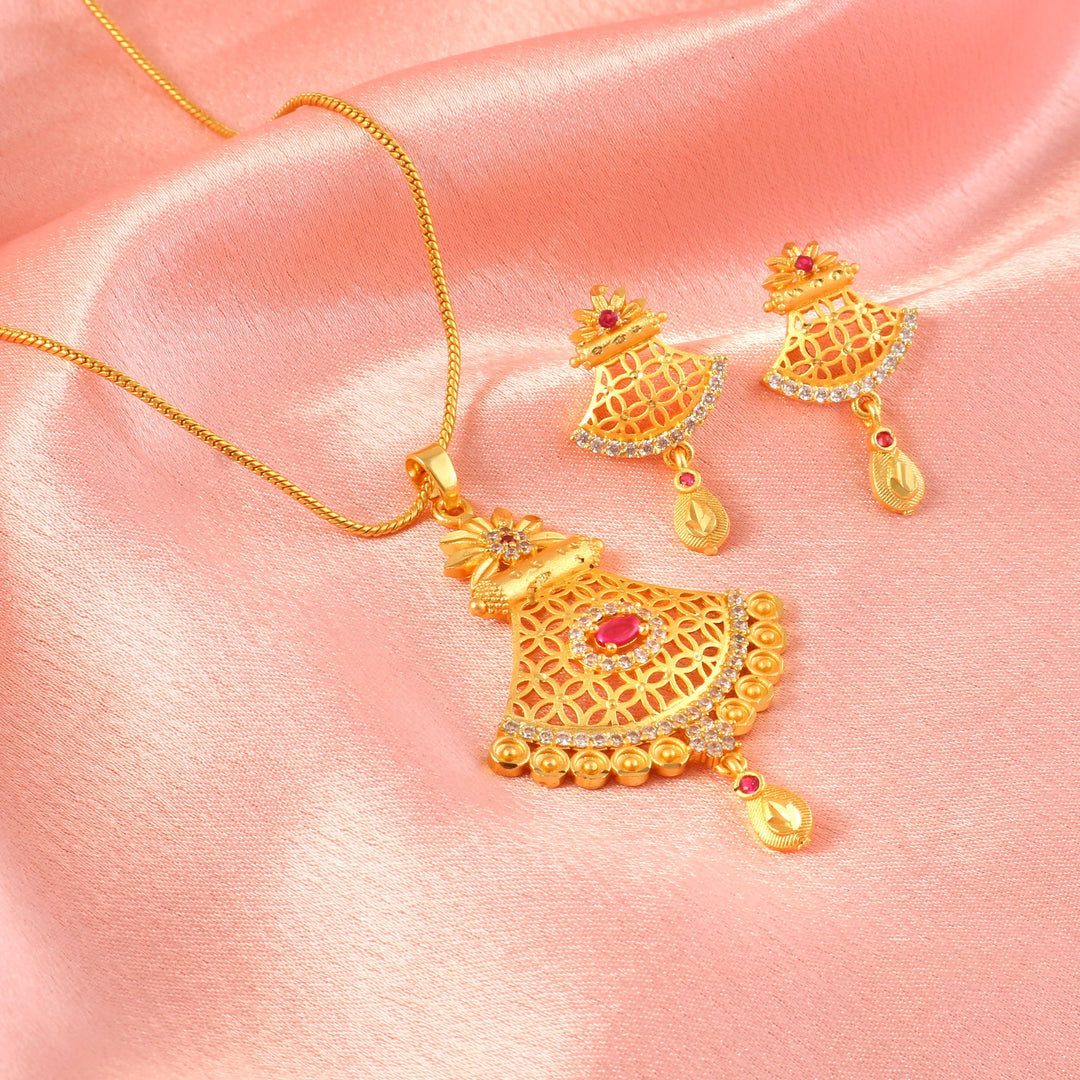 Gold-Plated American - Diamond Studded Pendant Necklace Set with Earrings