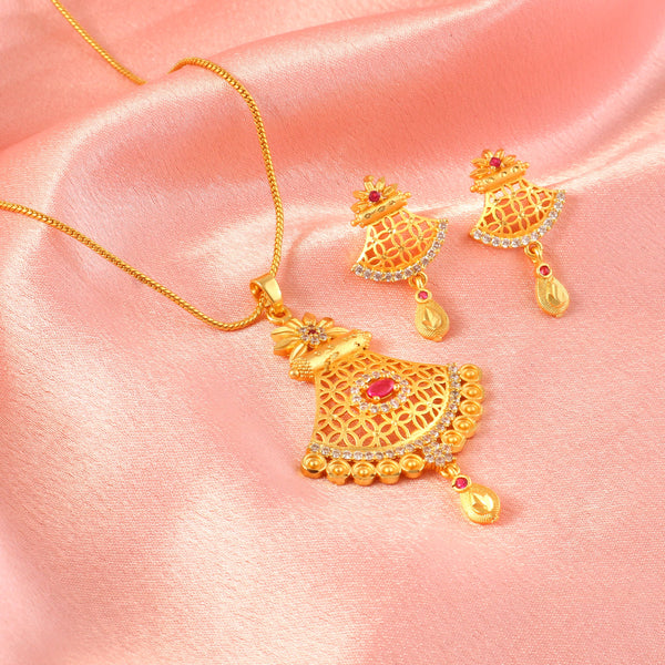 Gold-Plated American - Diamond Studded Pendant Necklace Set with Earrings