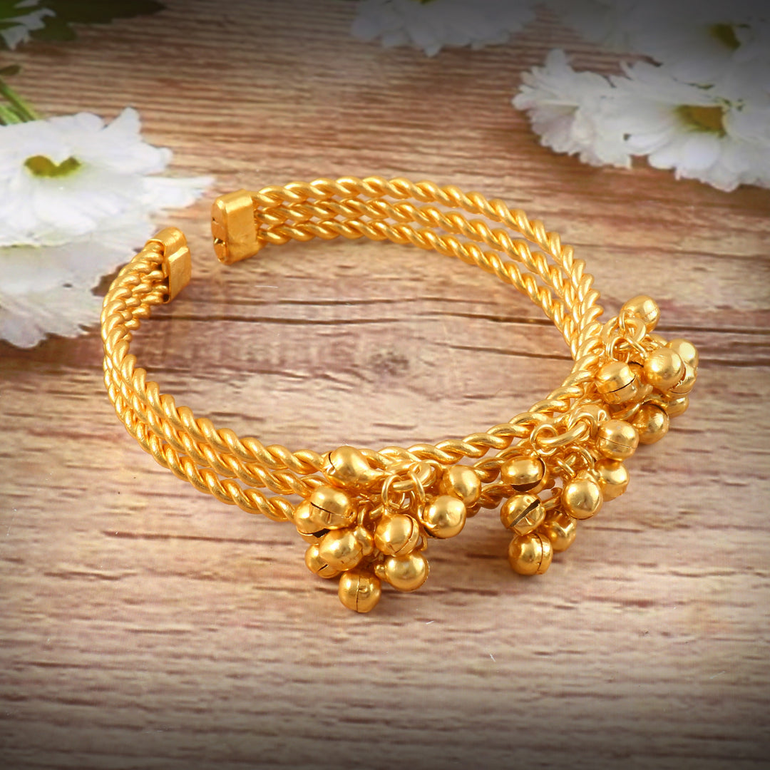Gold Plated Adjustable Contemporary Ghungroo Beaded Kada Bangle
