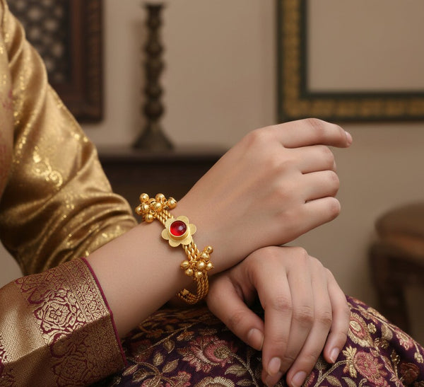 Gold Plated Adjustable Contemporary Ghungroo Beaded Kada Bracelet