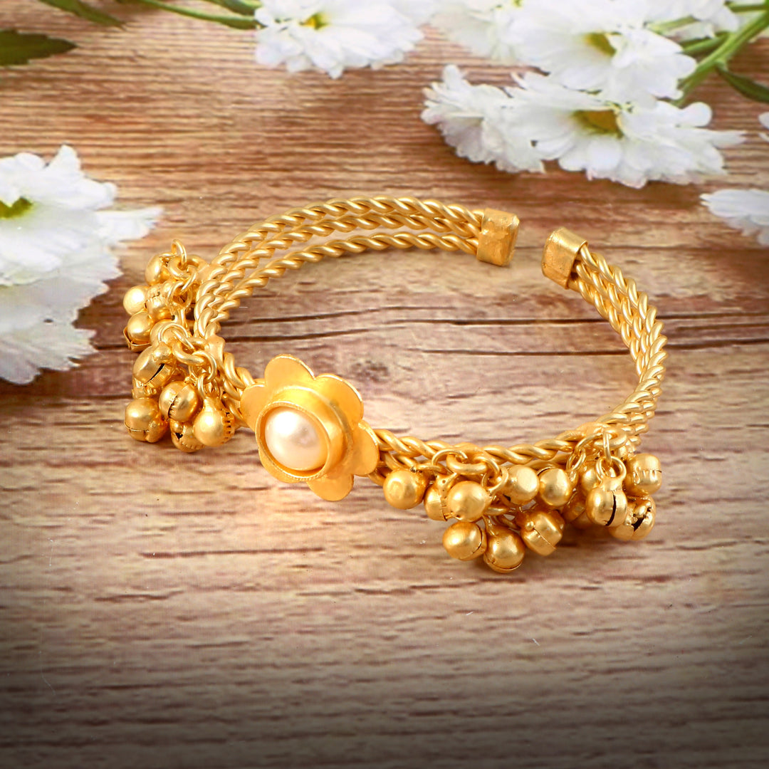 Gold Plated Adjustable Contemporary Ghungroo Beaded Kada Bracelet