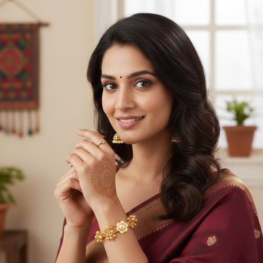 Gold Plated Adjustable Contemporary Ghungroo Beaded Kada Bracelet