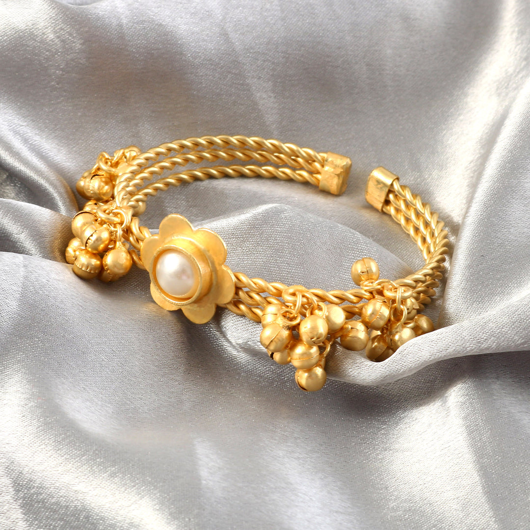 Gold Plated Adjustable Contemporary Ghungroo Beaded Kada Bracelet