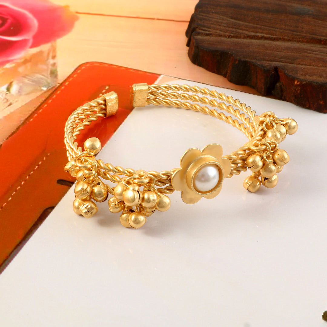 Gold Plated Adjustable Contemporary Ghungroo Beaded Kada Bracelet