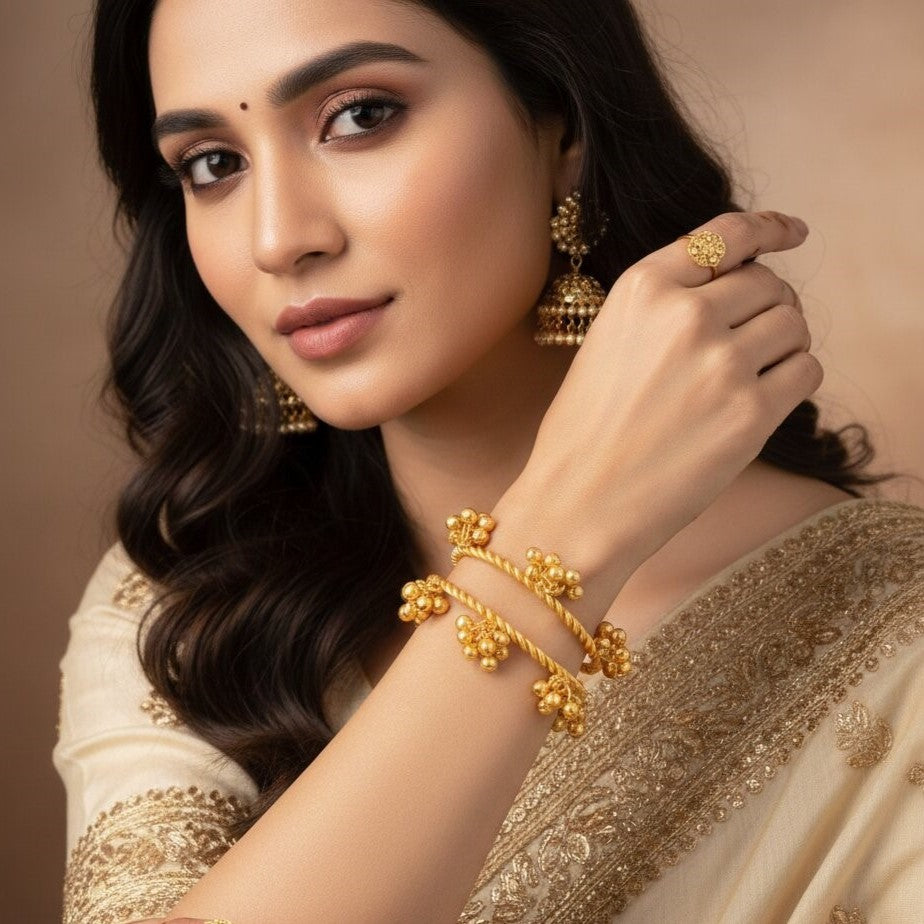 Set Of 4 Contemporary Gold-Plated Ghungroo Beaded Ajustable Bangle