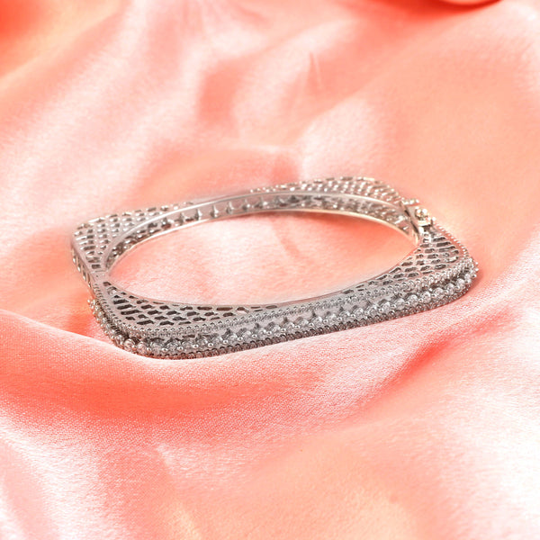 Brass Cubic Zirconia Rhodium-Plated Bangle-Style Bracelet