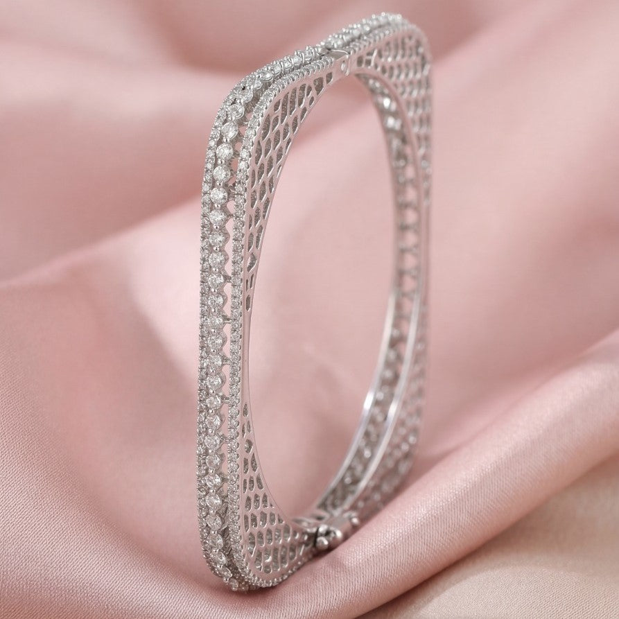 Brass Cubic Zirconia Rhodium-Plated Bangle-Style Bracelet