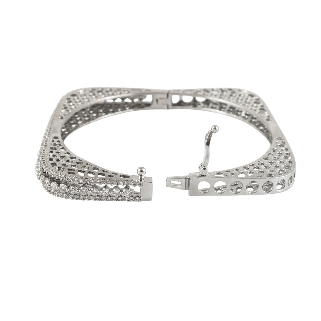 Brass Cubic Zirconia Rhodium-Plated Bangle-Style Bracelet