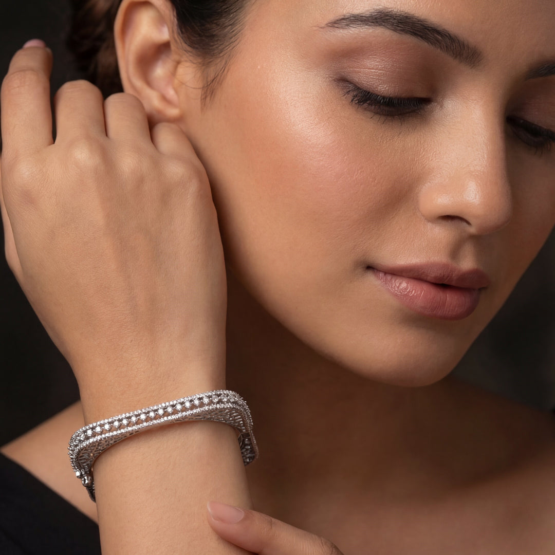 Brass Cubic Zirconia Rhodium-Plated Bangle-Style Bracelet