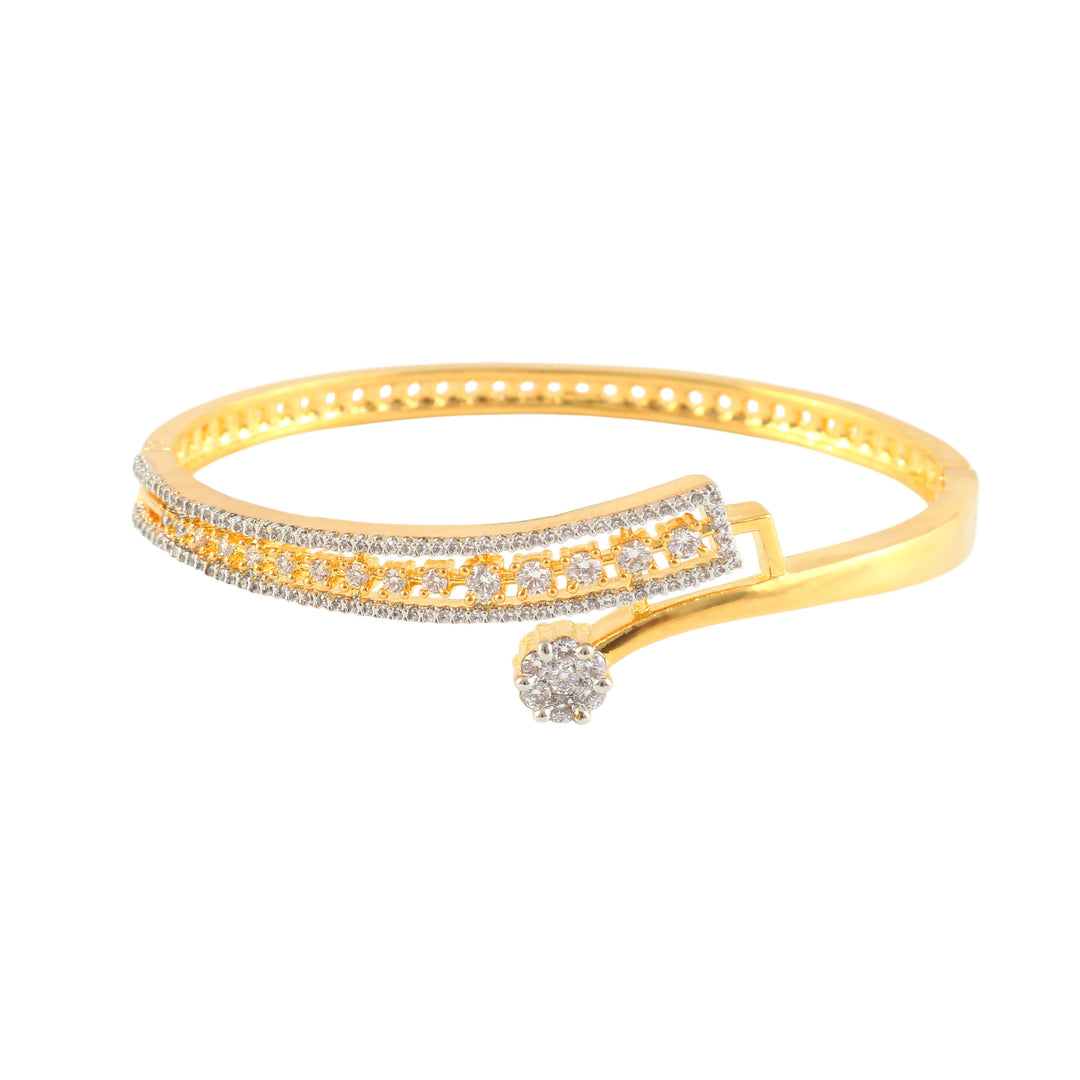18K Gold-Plated Cubic Zirconia Studded 1 Flower Motif Double Row Bangle-Style Bracelet