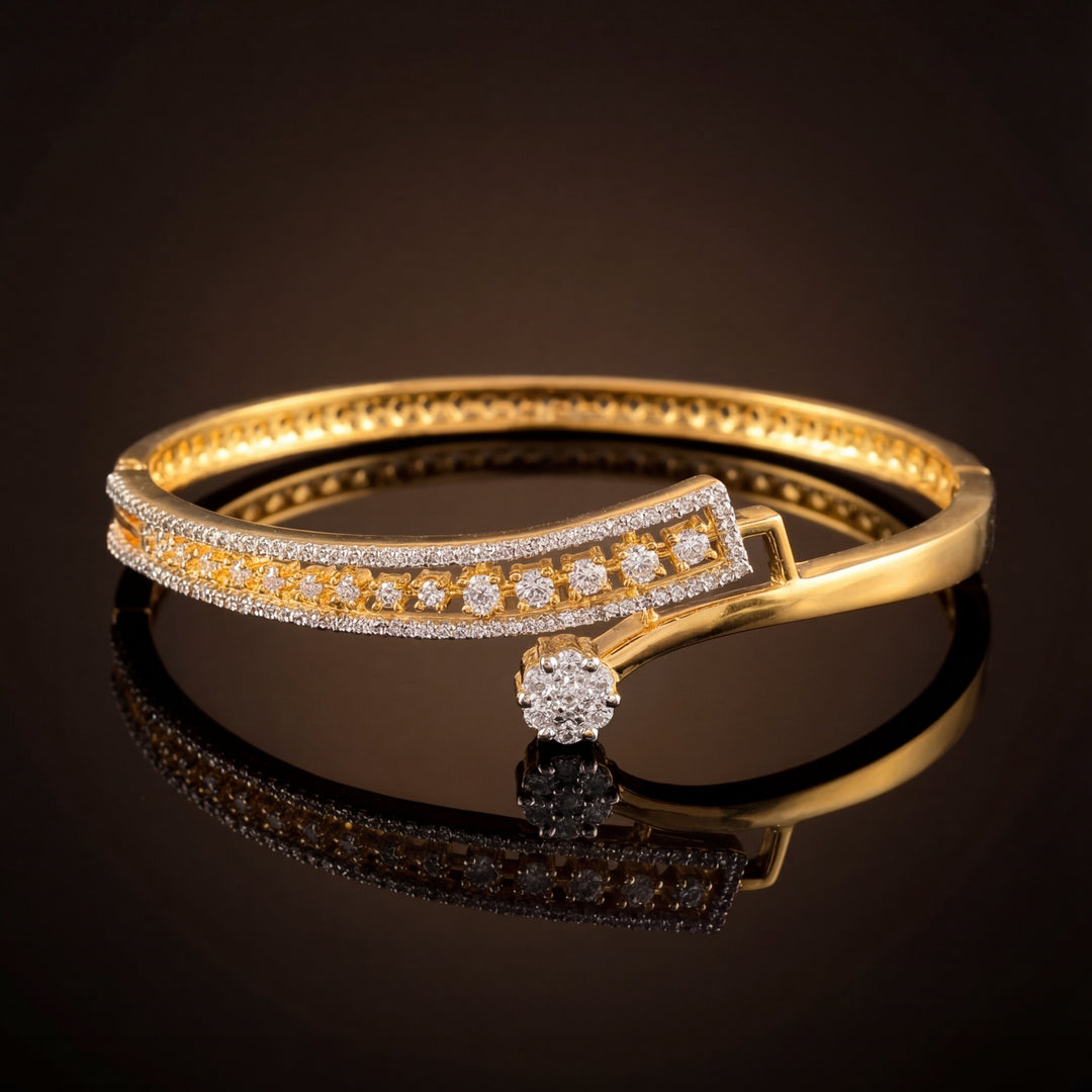 18K Gold-Plated Cubic Zirconia Studded 1 Flower Motif Double Row Bangle-Style Bracelet