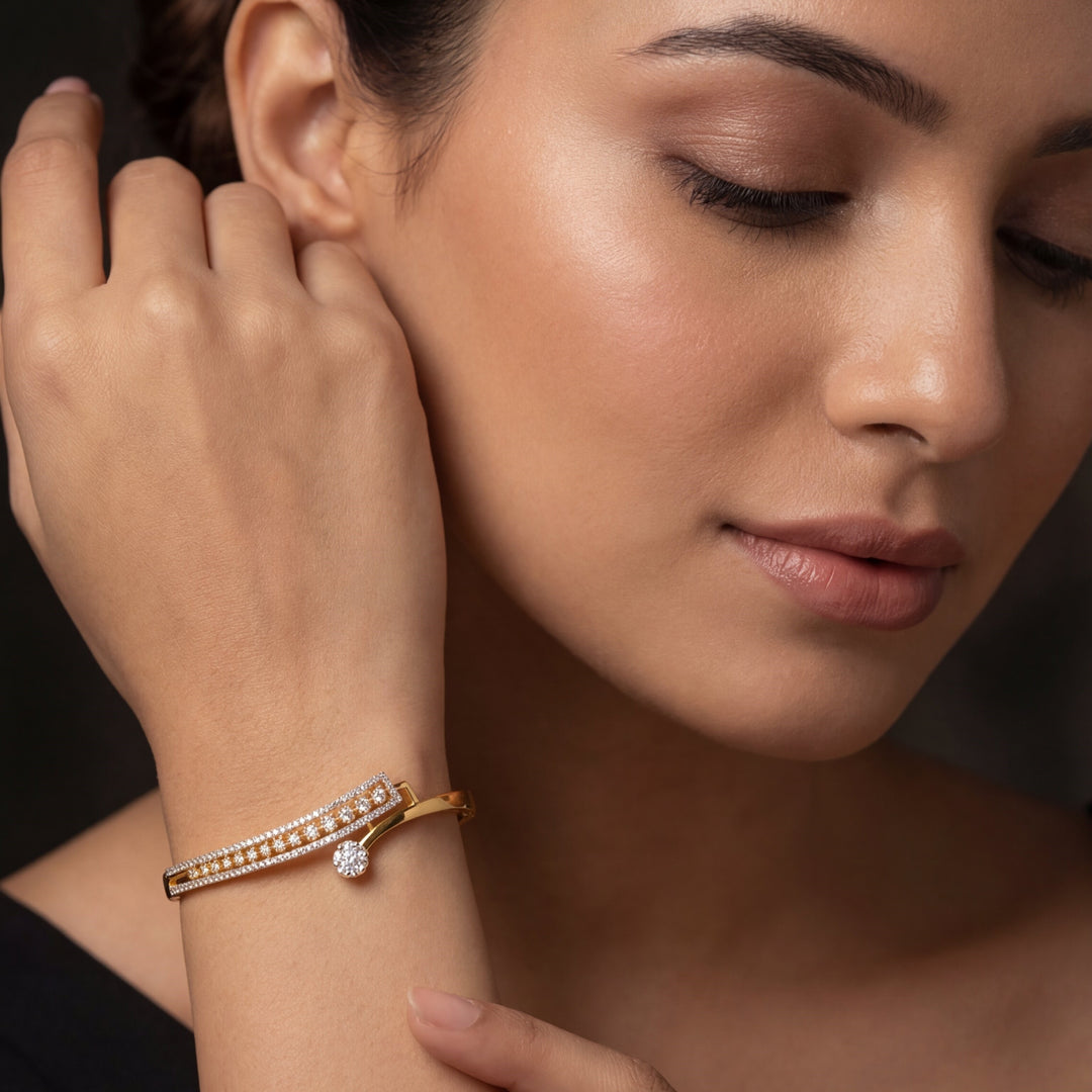 18K Gold-Plated Cubic Zirconia Studded 1 Flower Motif Double Row Bangle-Style Bracelet