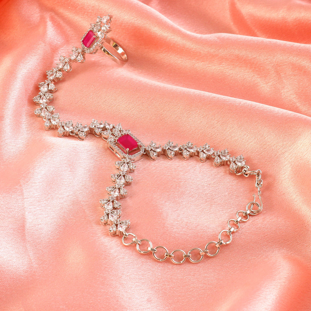 Women Brass Cubic Zirconia Rhodium-Plated Ring Bracelet