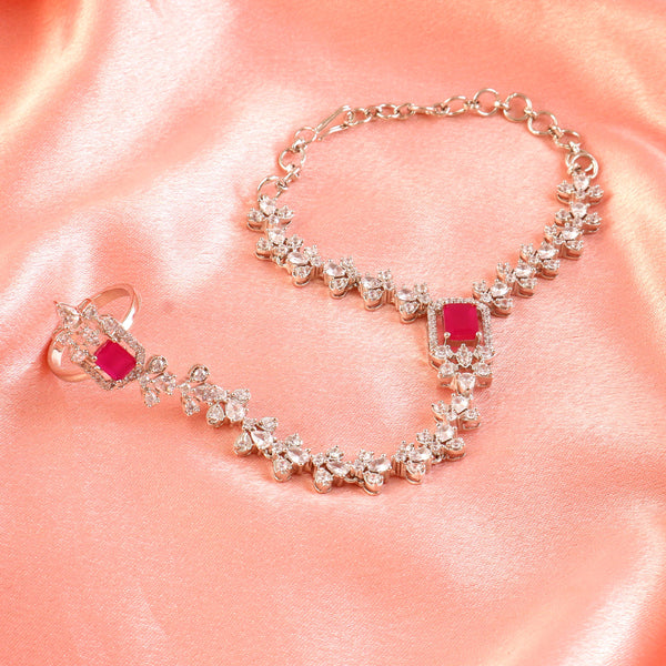 Women Brass Cubic Zirconia Rhodium-Plated Ring Bracelet
