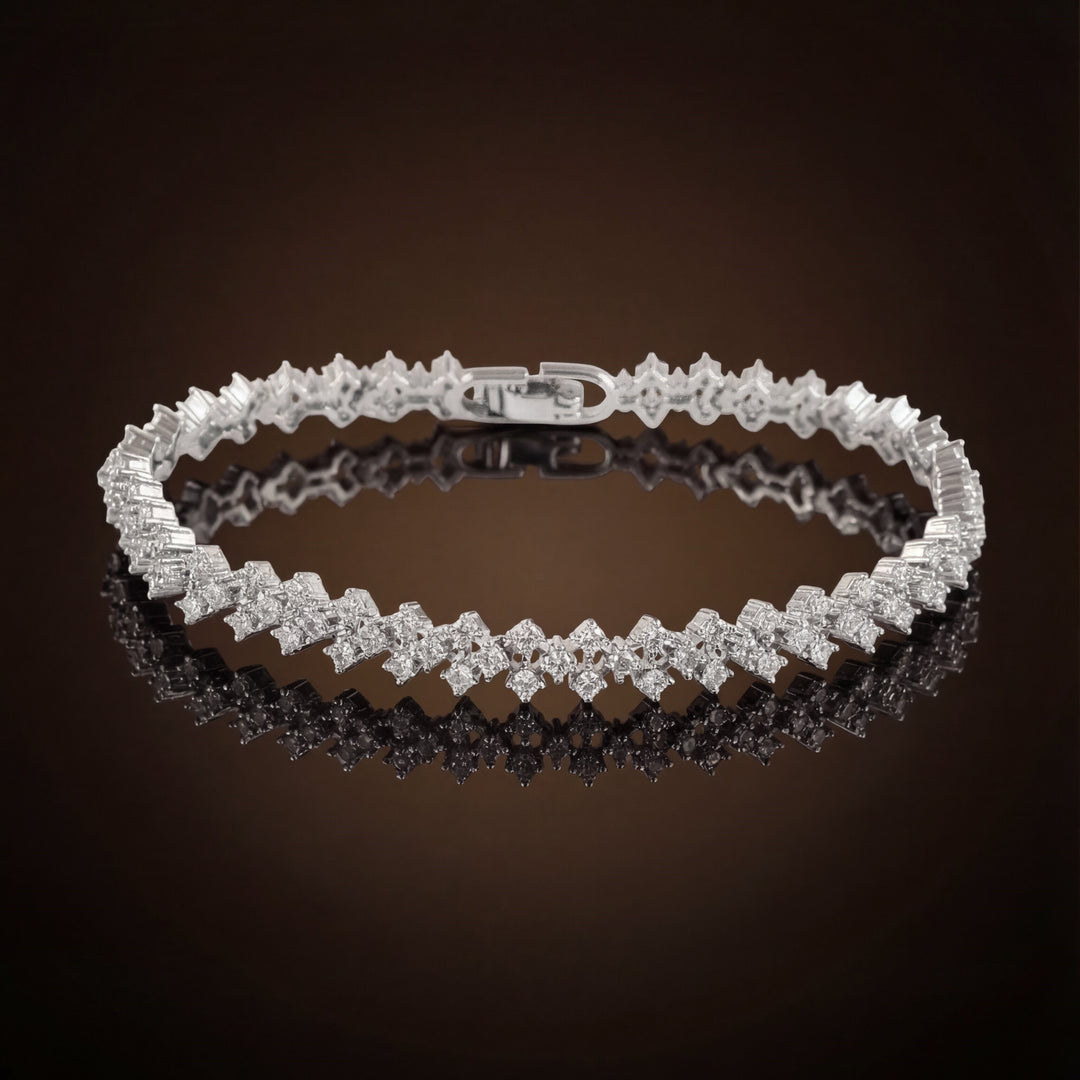 Rhodium Plated Sparkling AD & Cubic Zirconia Studded Tennis Bracelet