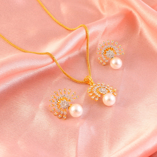 18 Kt Gold Plated Pearl & Cubic Zirconia Studded Sunburst Pendant Necklace Set